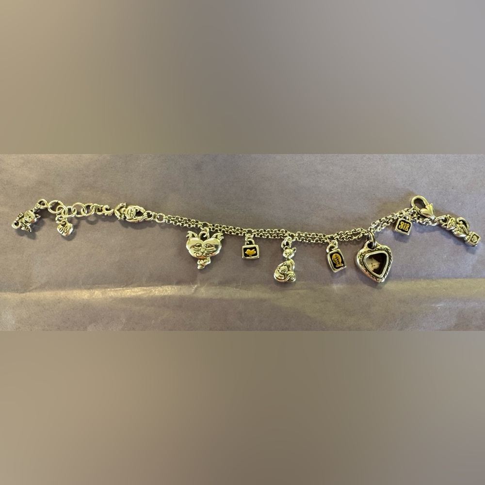 Brighton Silver-Tone Charm Bracelet with Heart and Cat Charms